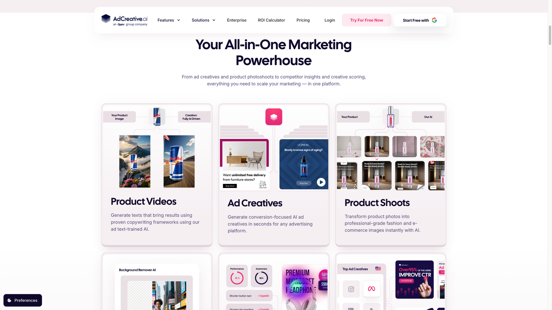 adcreative.ai · 首页 All-in-One 功能区 2026-10-05