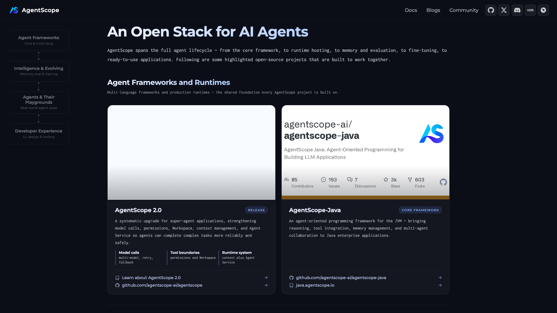 agentscope.io · An Open Stack 区(AgentScope 2.0 与 AgentScope-Java 项目卡)2026-10-03