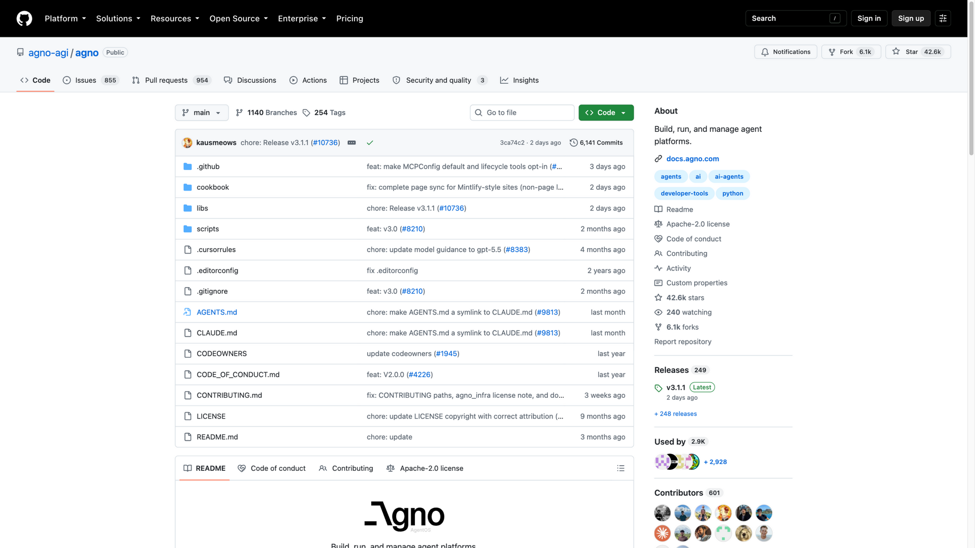 GitHub agno-agi/agno 仓库 42.6k stars 2026-10-04