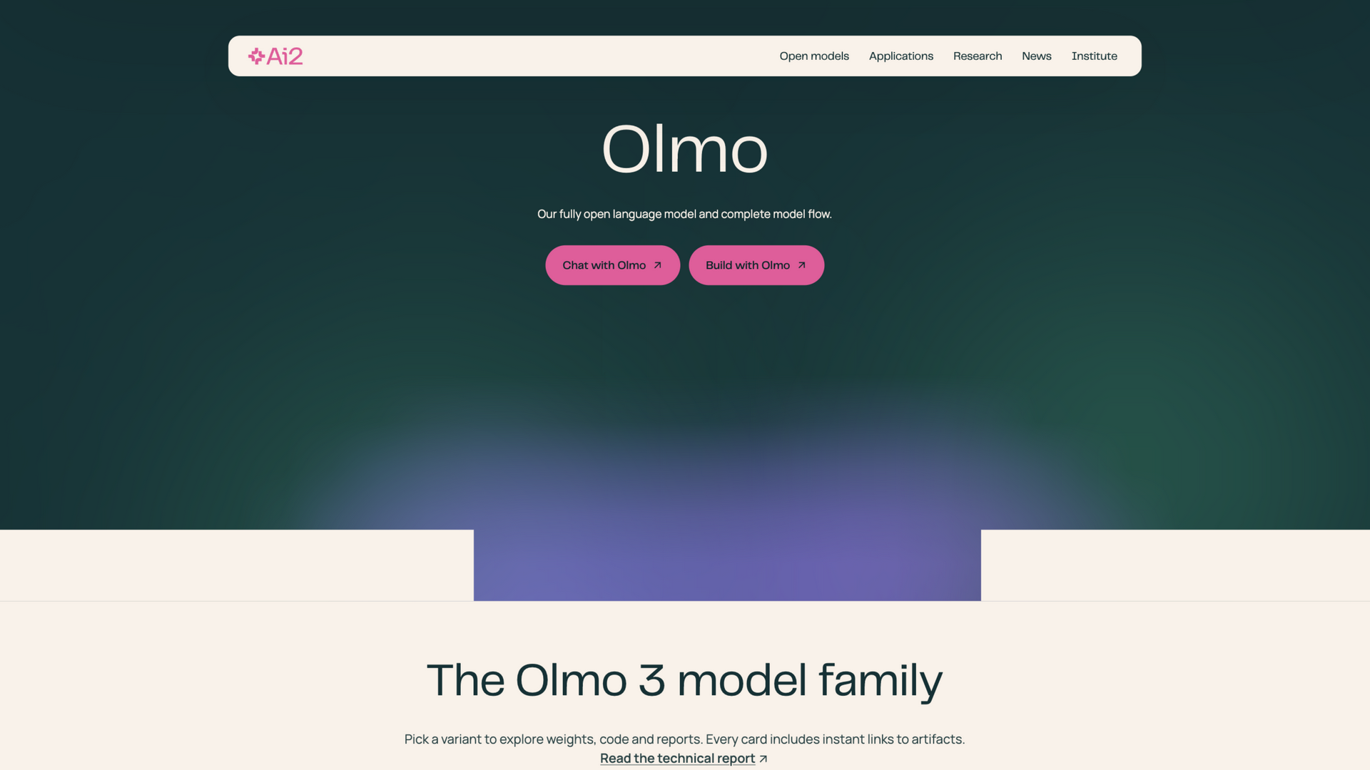 allenai.org/olmo · OLMo 产品页首屏,Olmo 3 家族入画 2026-10-02