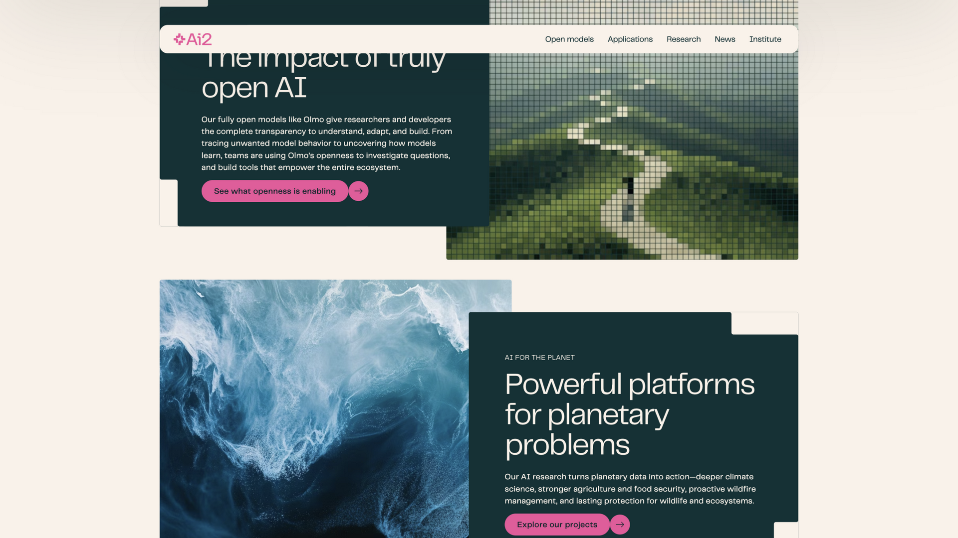 allenai.org · 首页 Open models 段落与 AI FOR THE PLANET 区 2026-10-02