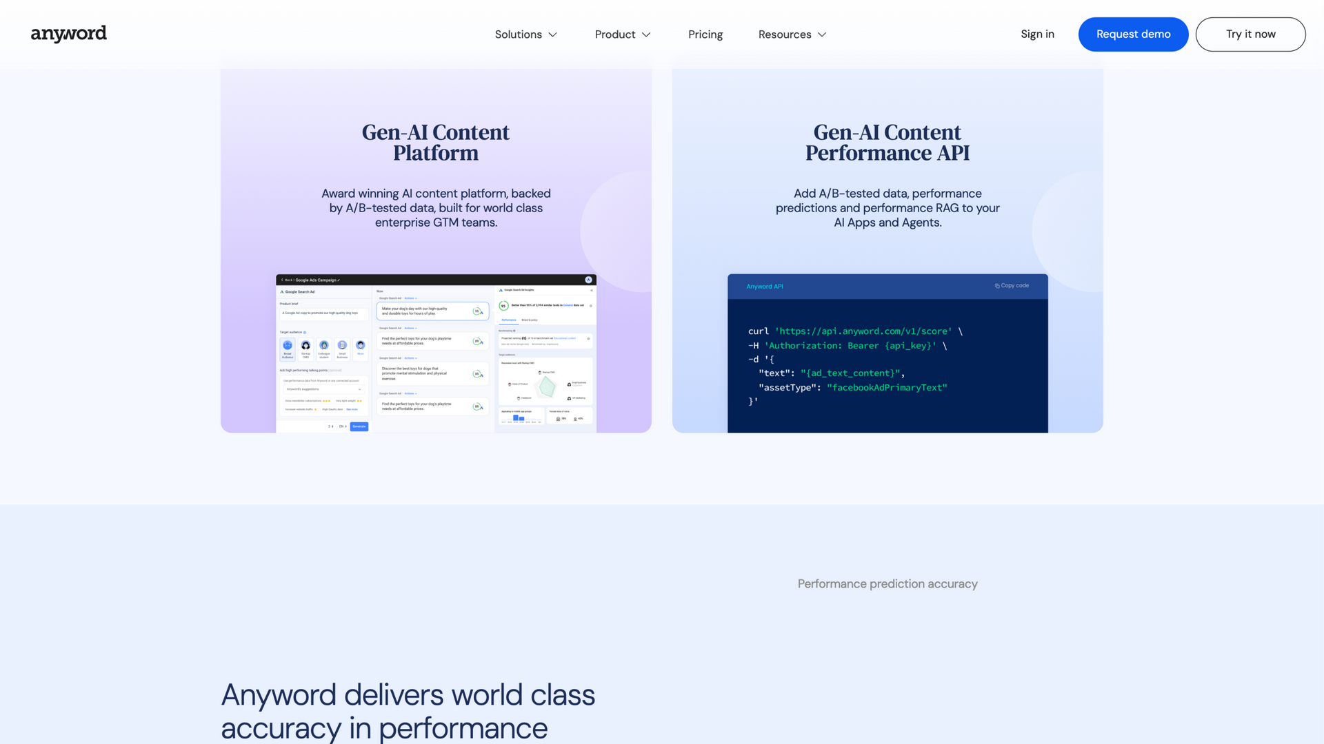 anyword.com · 双产品卡:Gen-AI 内容平台与表现数据 API 2026-10-05