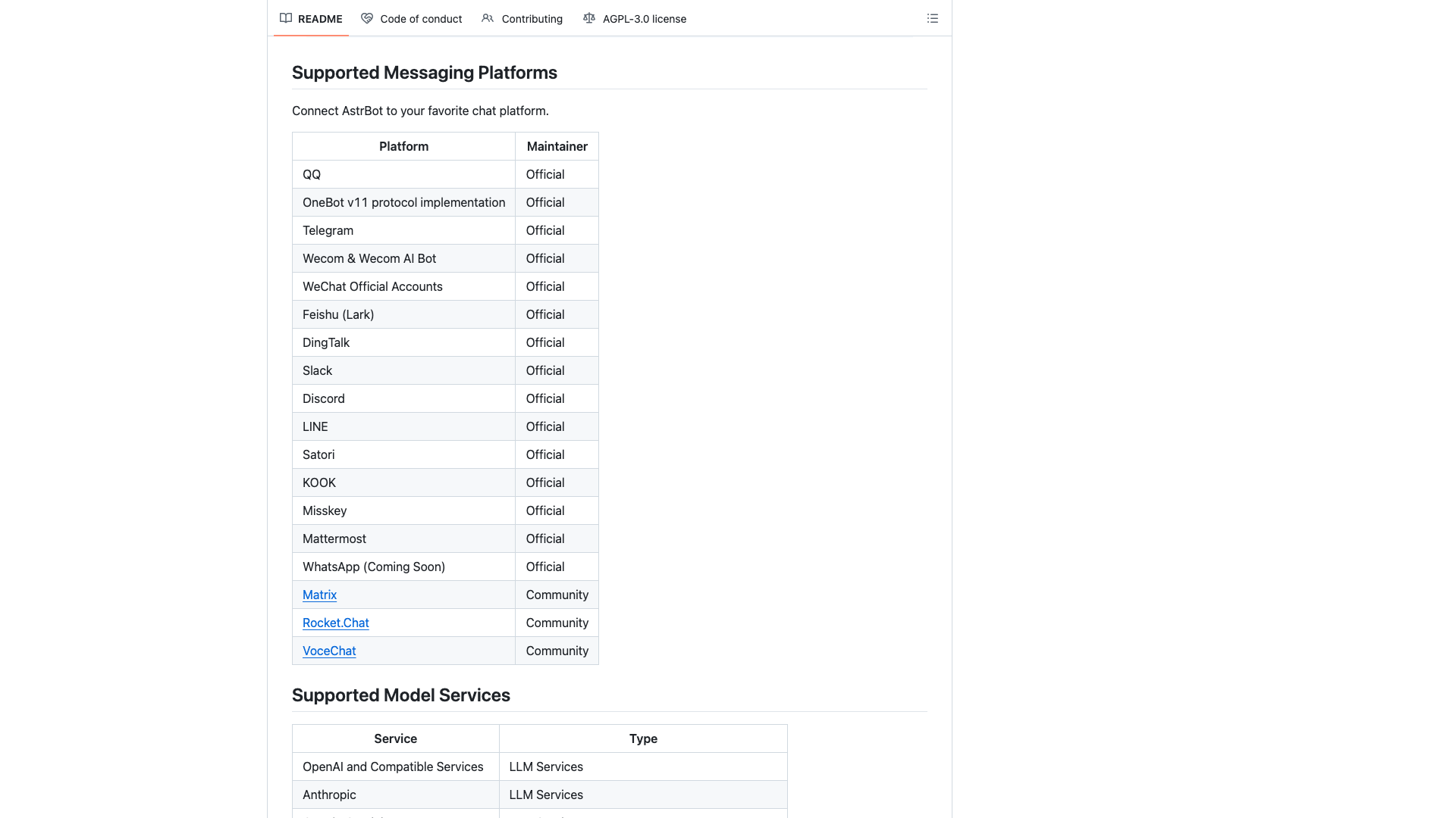 README · Supported Messaging Platforms 平台矩阵 2026-10-04