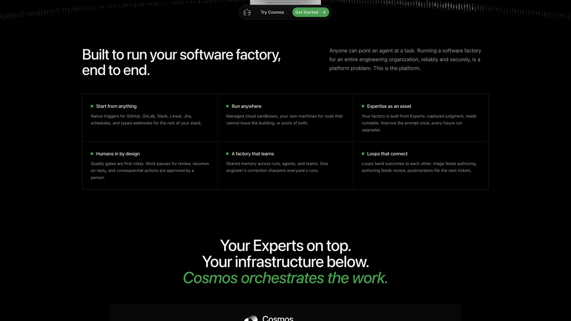 augmentcode.com · 首页平台特性区与 Cosmos 编排段 2026-10-02