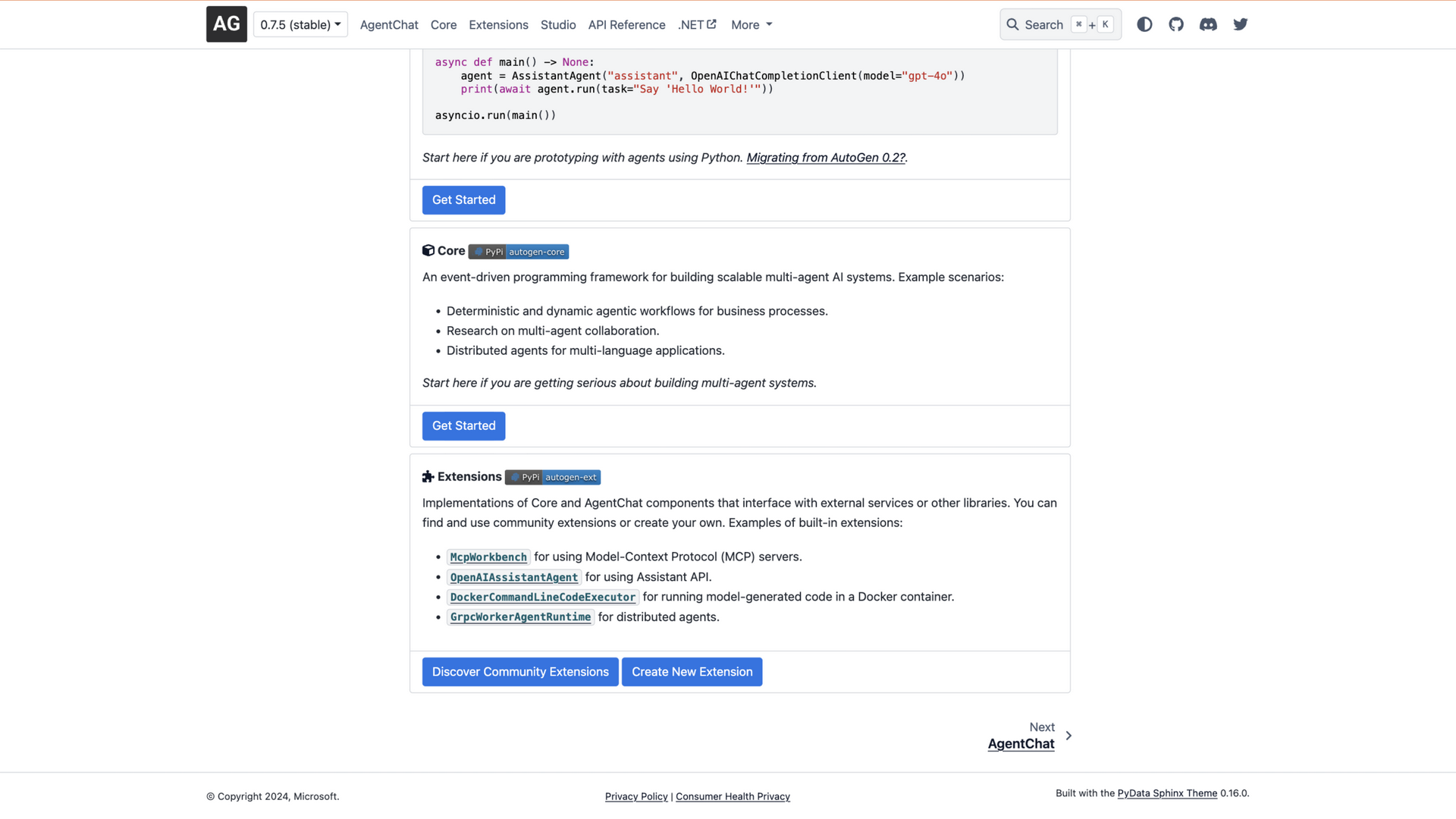 microsoft.github.io/autogen · 首页 Core 与 Extensions 卡区 2026-10-03