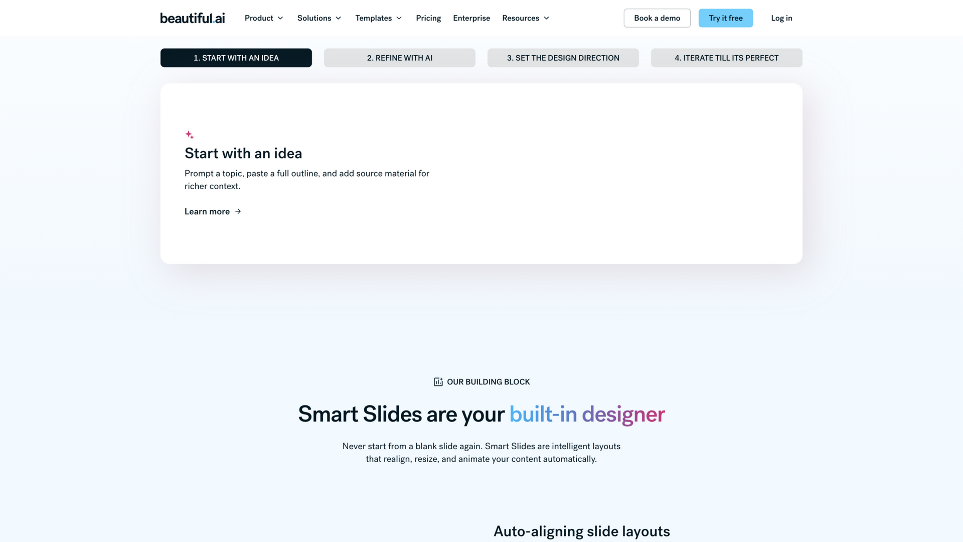 beautiful.ai · 首页 AI 生成四步与 Smart Slides 区 2026-10-03