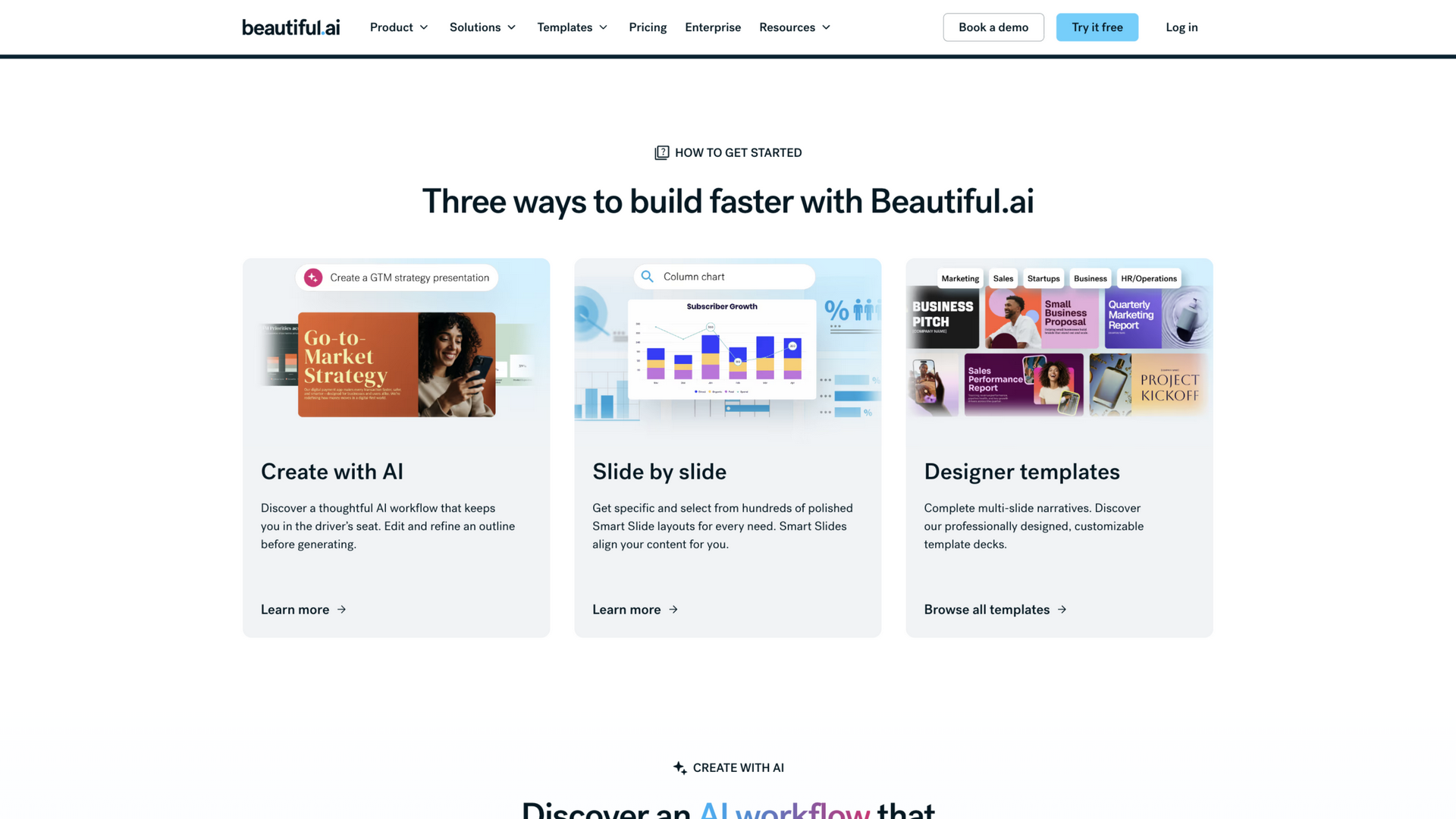 beautiful.ai · 首页三种起步方式区(Create with AI / Slide by slide / Designer templates)2026-10-03