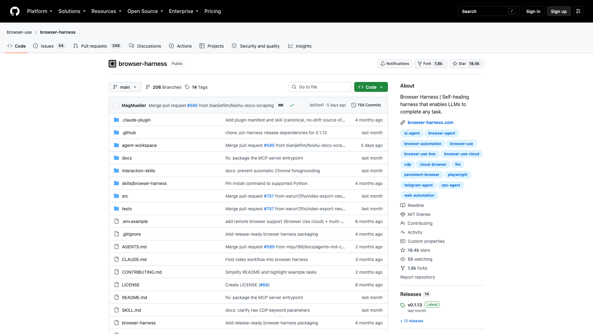 github.com/browser-use/browser-harness · 仓库主页快照 2026-10-14