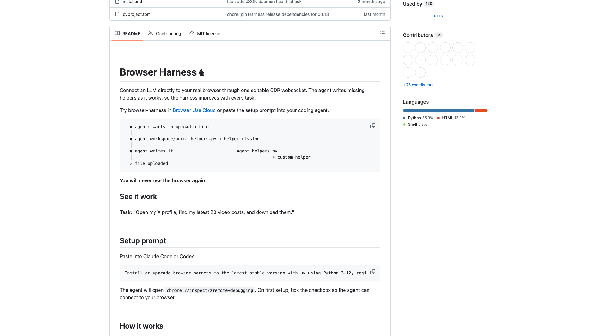 github.com/browser-use/browser-harness · README 功能区(CDP 直连与自愈循环)2026-10-14