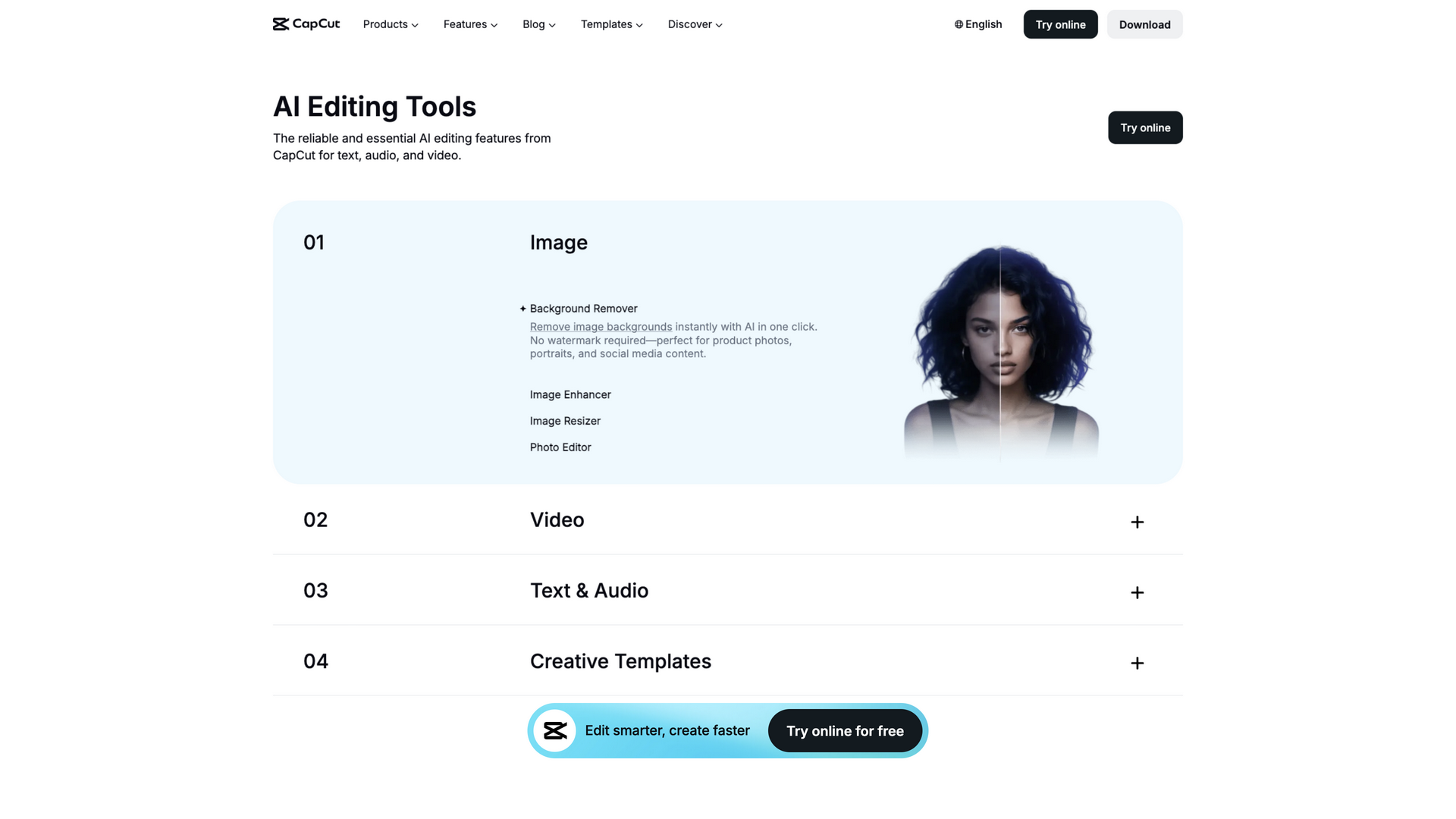 capcut.com · 首页 AI Editing Tools 区 2026-10-02