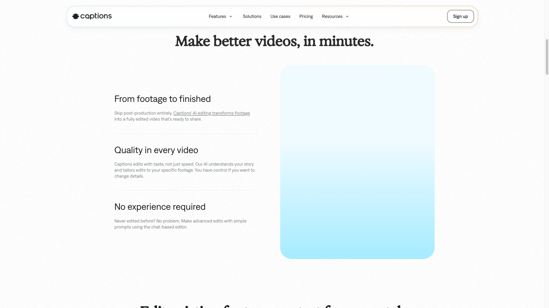 captions.ai · Make better videos 三卡功能区,右侧演示位为未加载的渐变占位 2026-10-06
