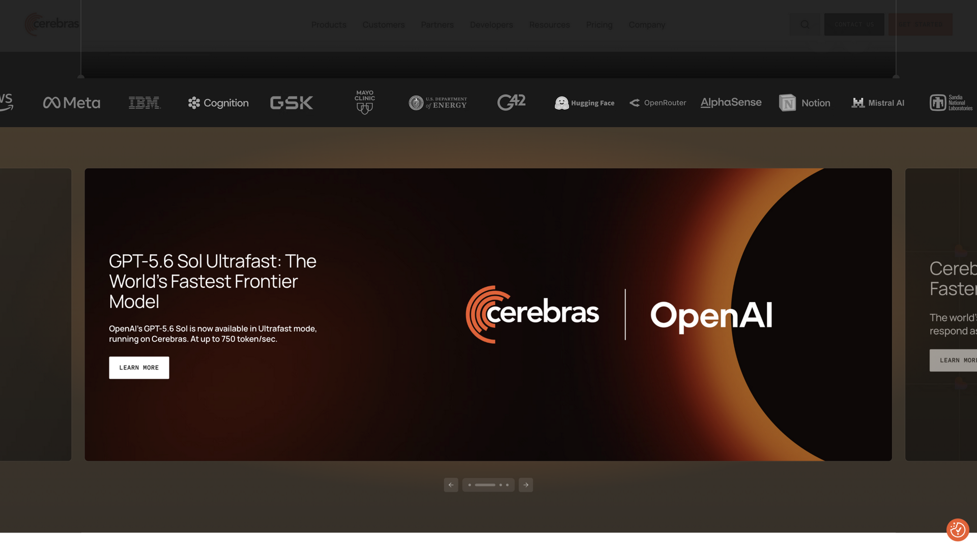cerebras.ai · 客户 logo 墙与 OpenAI GPT-5.6 Sol Ultrafast 聚光灯卡 2026-10-02