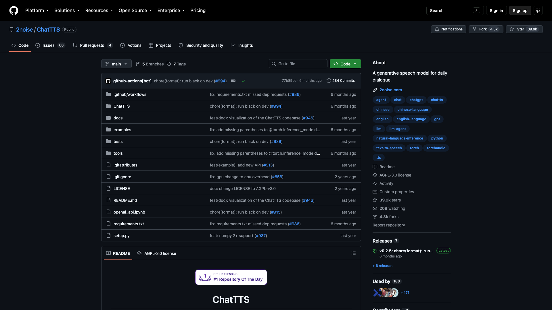 github.com/2noise/ChatTTS · 仓库首屏 2026-10-03