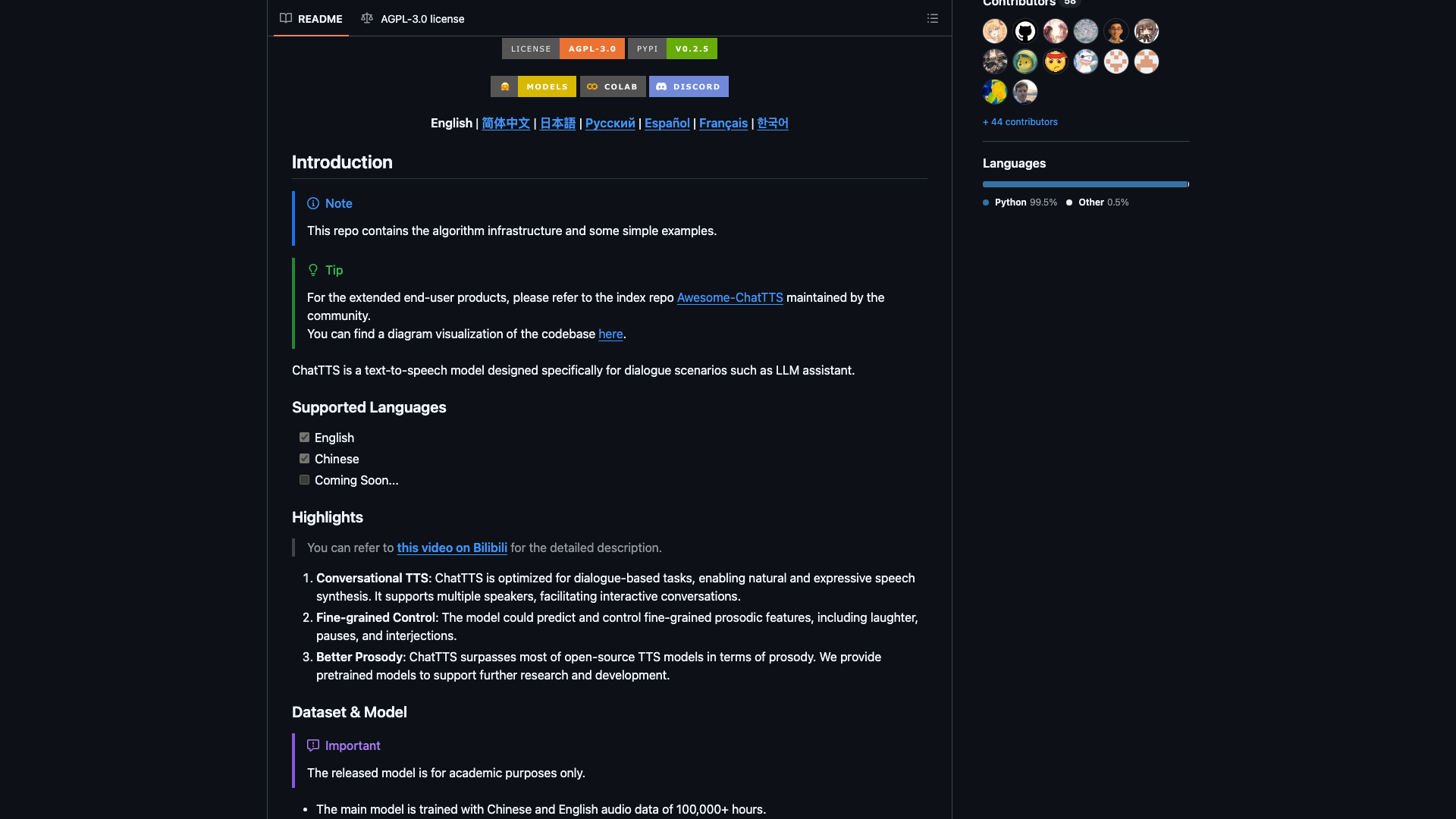 github.com/2noise/ChatTTS · README 介绍与 Highlights 2026-10-03