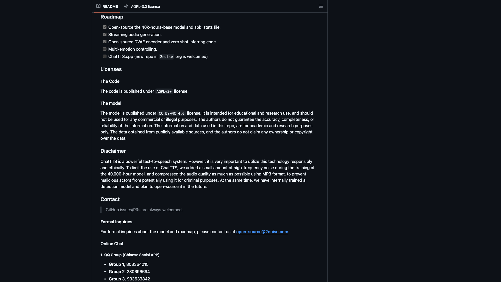 github.com/2noise/ChatTTS · README Roadmap 与许可证 2026-10-03