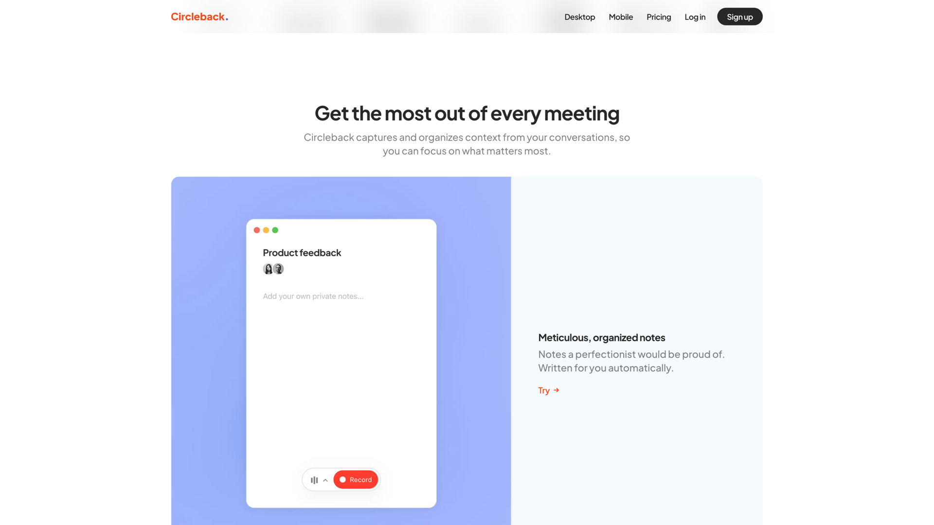 circleback.ai · 首页笔记功能区(Meticulous, organized notes) 2026-10-05