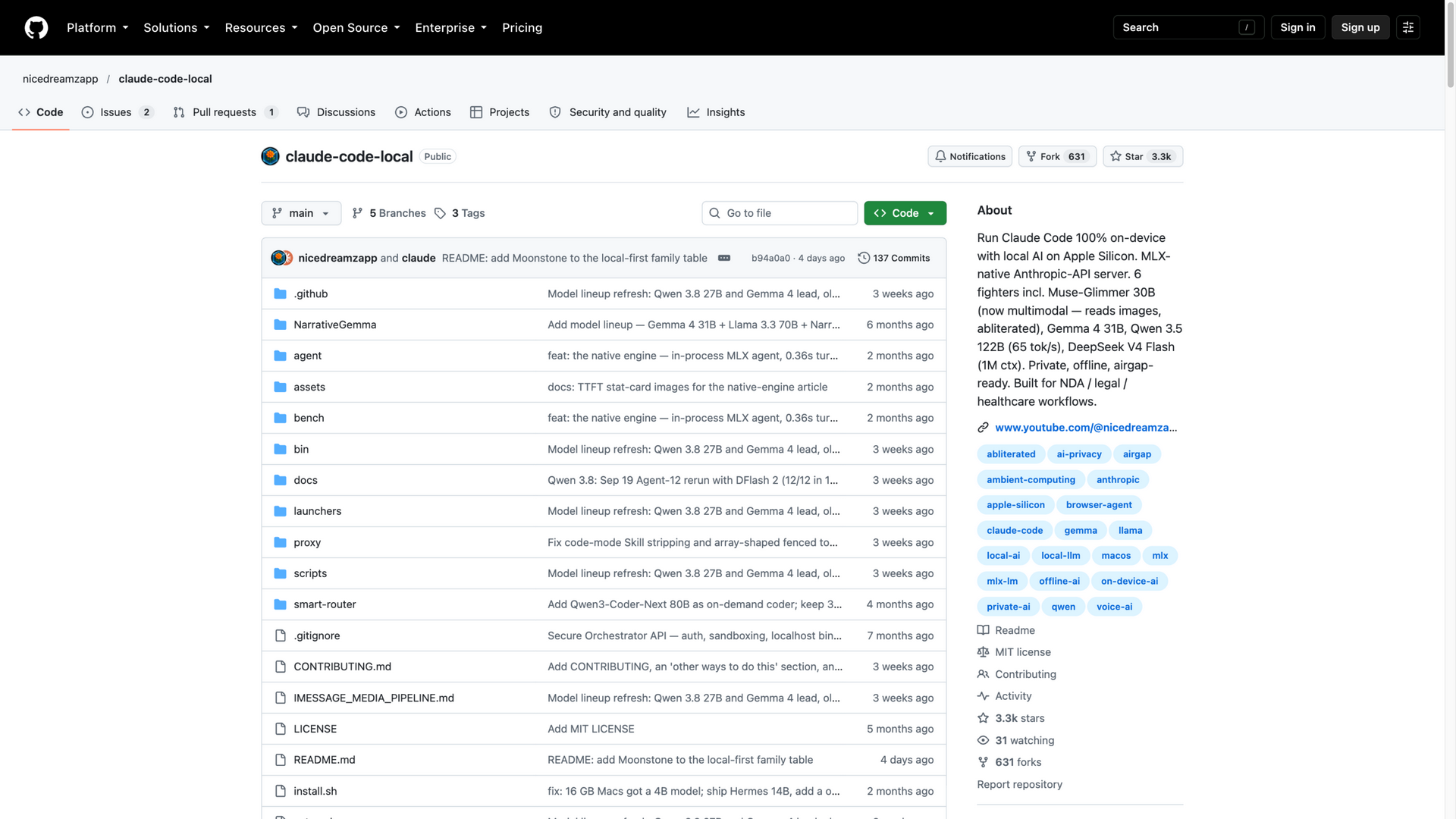 github.com · 仓库主页快照(About 与 Star 3.3k)2026-10-07
