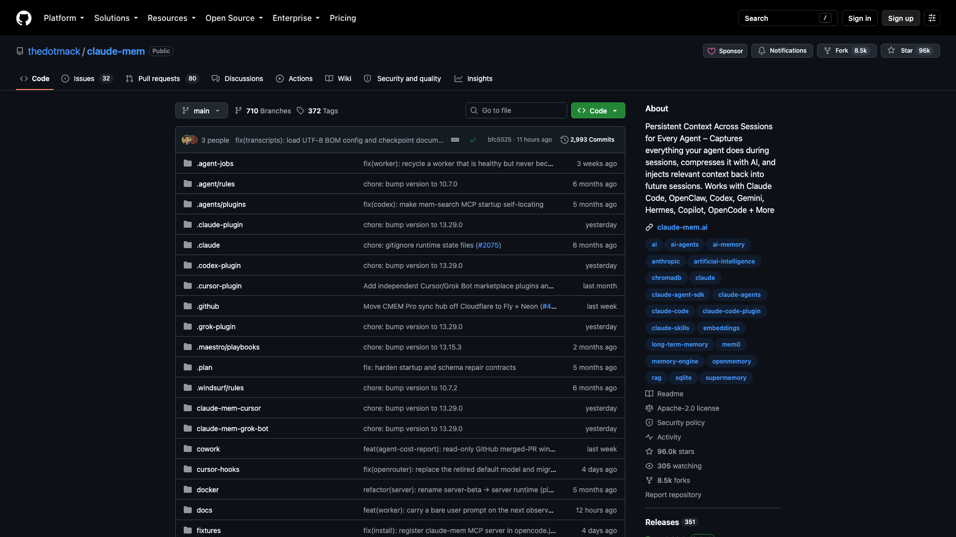 github.com/thedotmack/claude-mem · 仓库页快照 2026-10-05