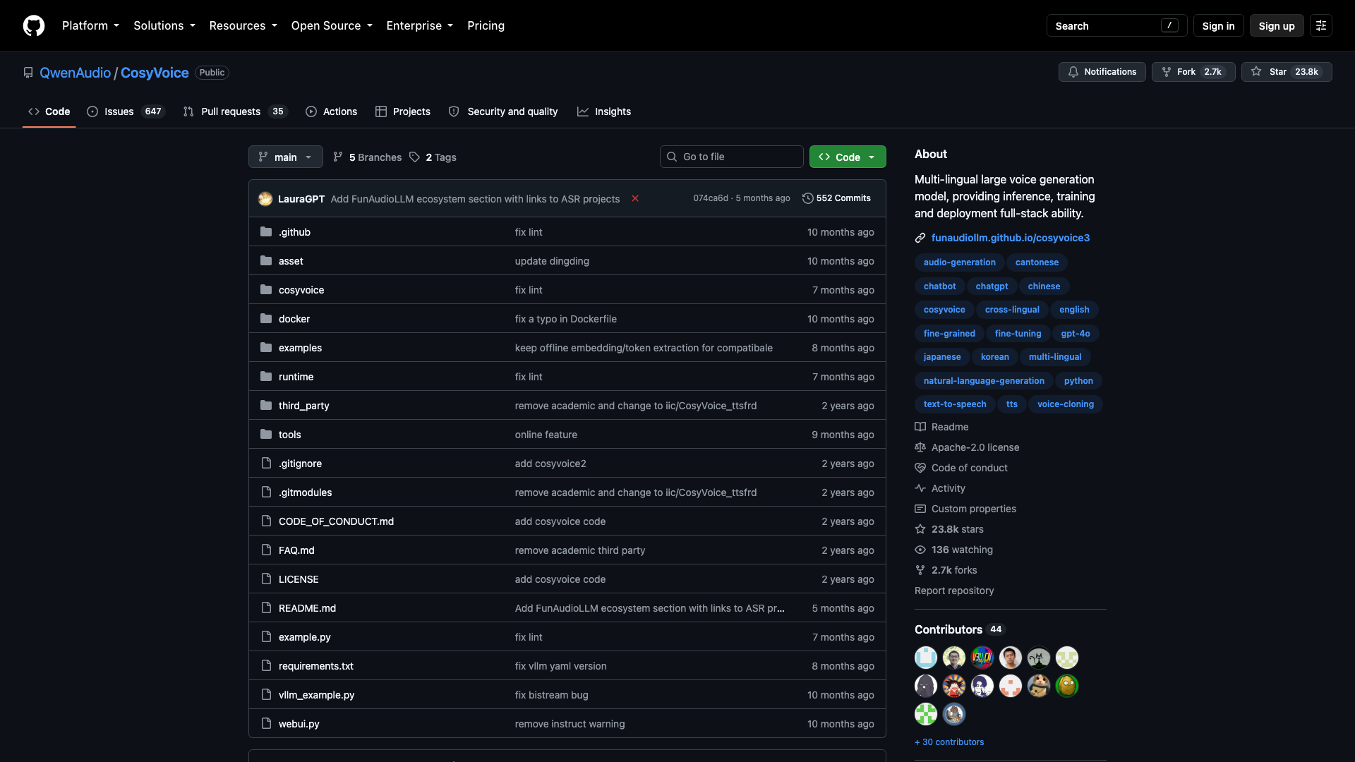 github.com · QwenAudio/CosyVoice 仓库首页快照 2026-10-03