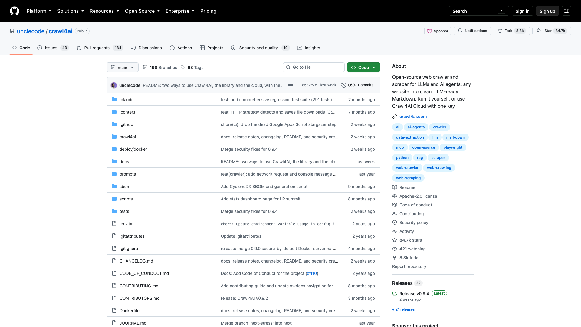 github.com/unclecode/crawl4ai · 仓库页 2026-10-04