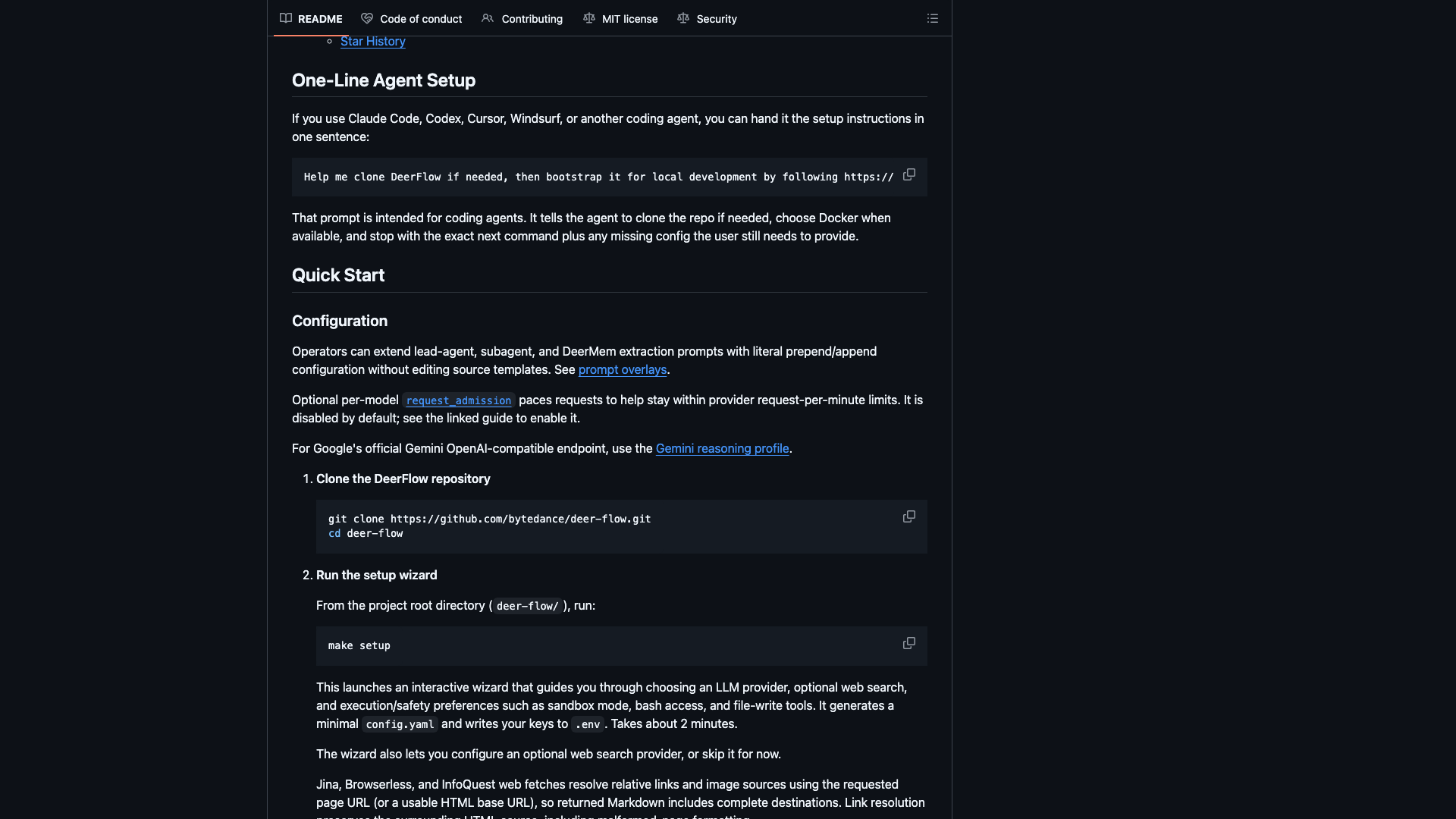 github.com/bytedance/deer-flow · One-Line Agent Setup 与 Quick Start 配置区 2026-10-04