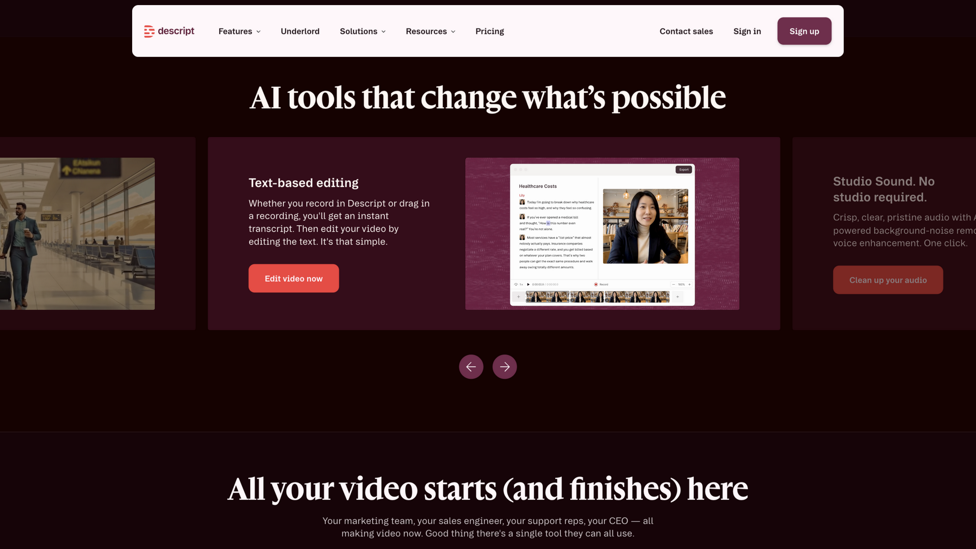 descript.com · 首页 AI 工具区(Text-based editing 与 Studio Sound 卡)2026-10-02