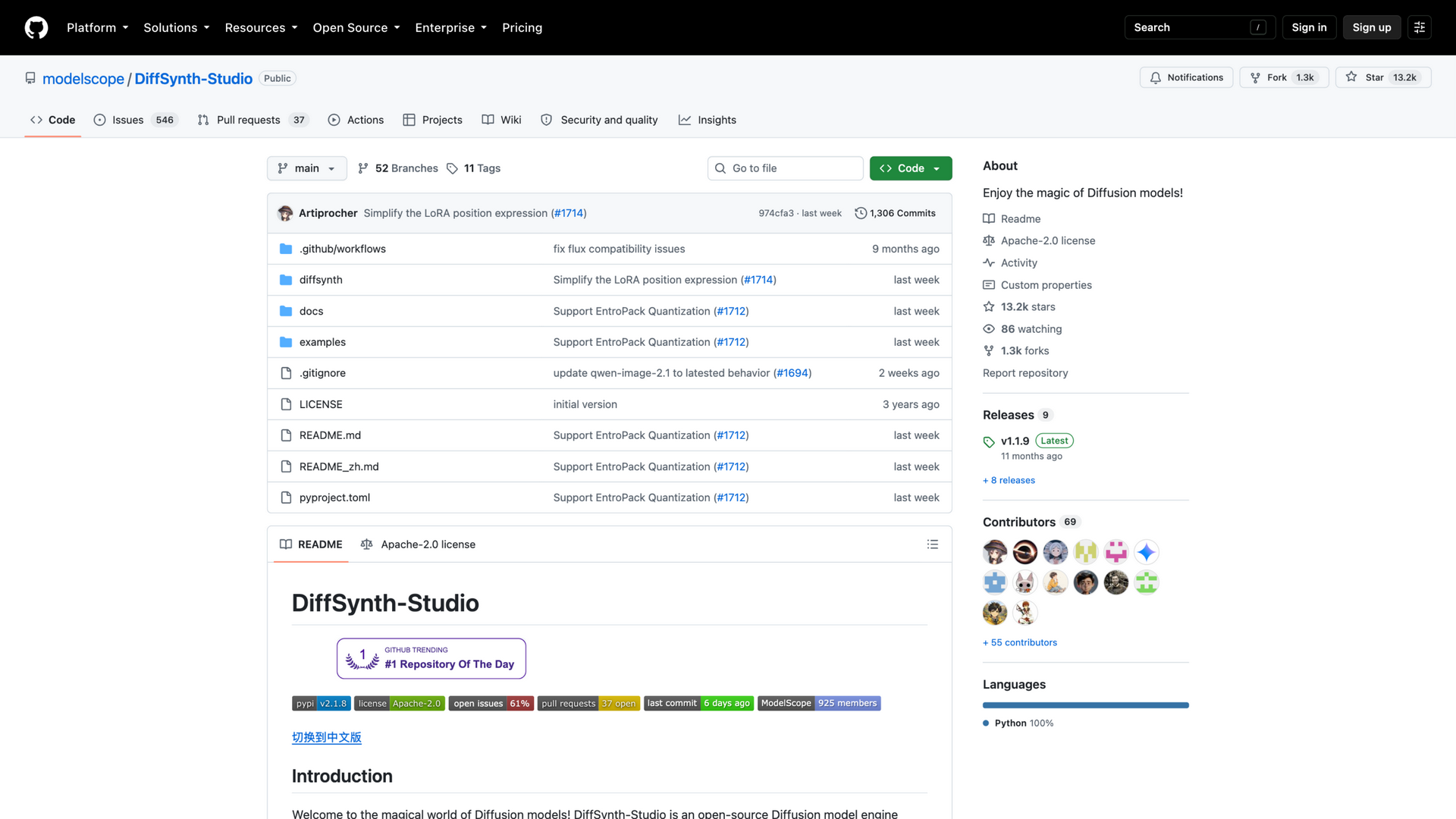 github.com · DiffSynth-Studio 仓库首页快照 2026-10-06