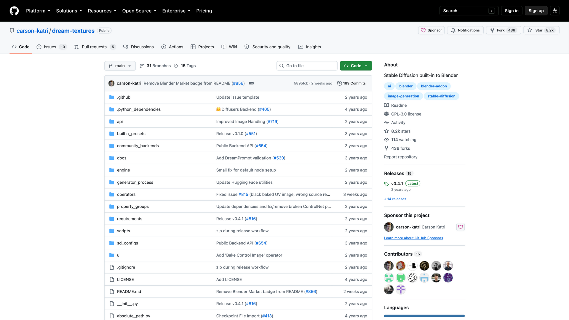 github.com/carson-katri/dream-textures · 仓库首屏 2026-10-05
