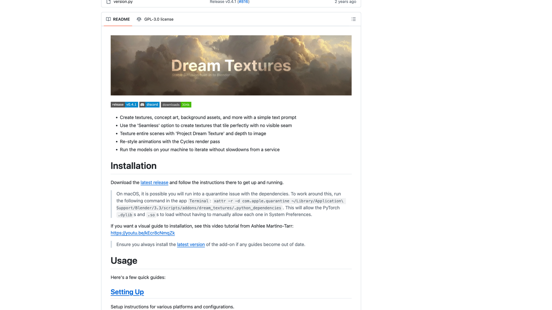 github.com/carson-katri/dream-textures · README banner 与功能清单 2026-10-05