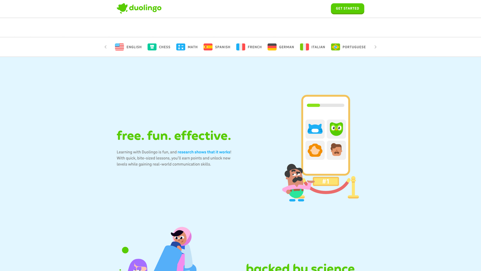 duolingo.com · 首页 free. fun. effective. 价值主张区 2026-10-05