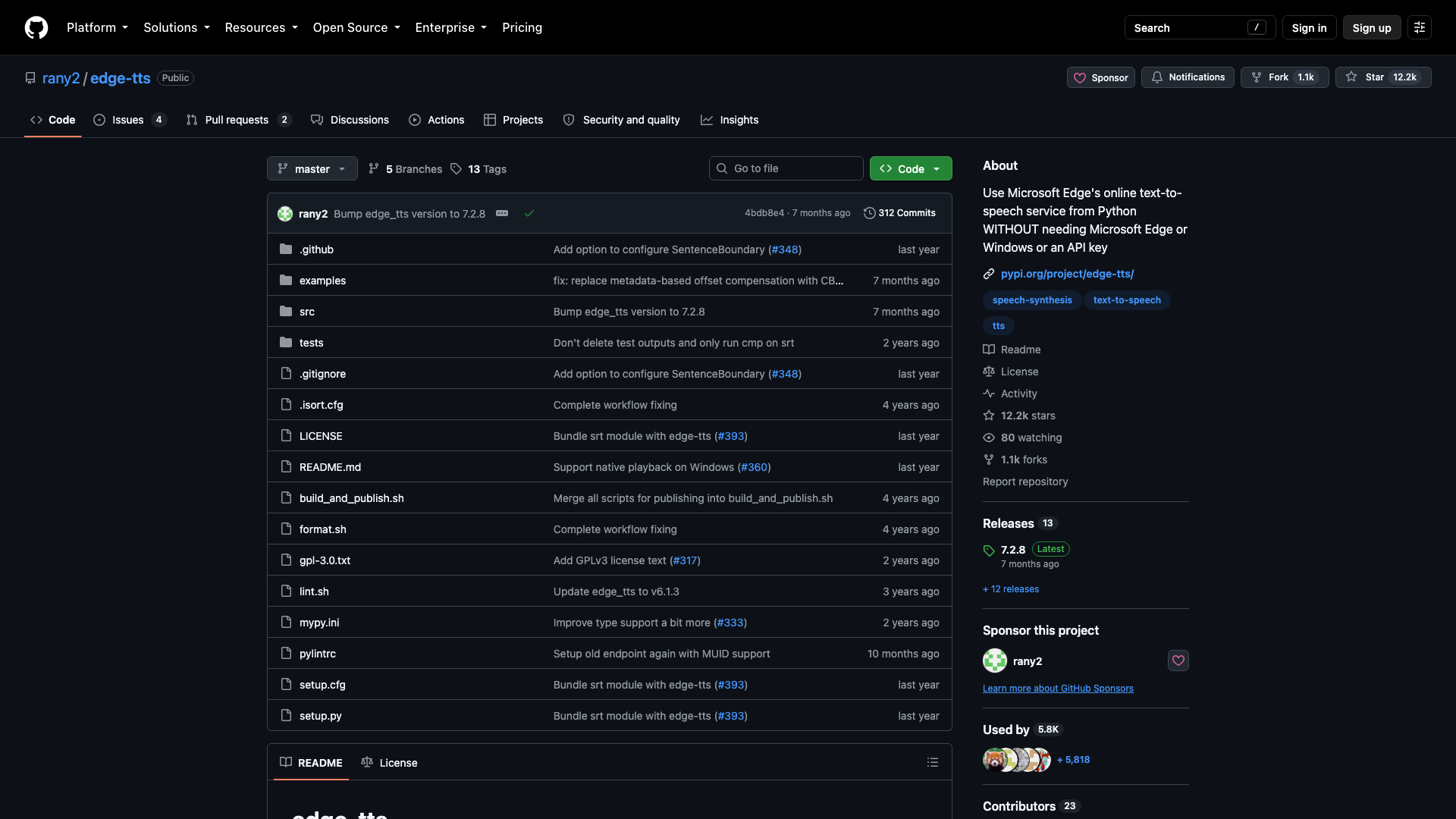 github.com/rany2/edge-tts · 仓库首屏 2026-10-05