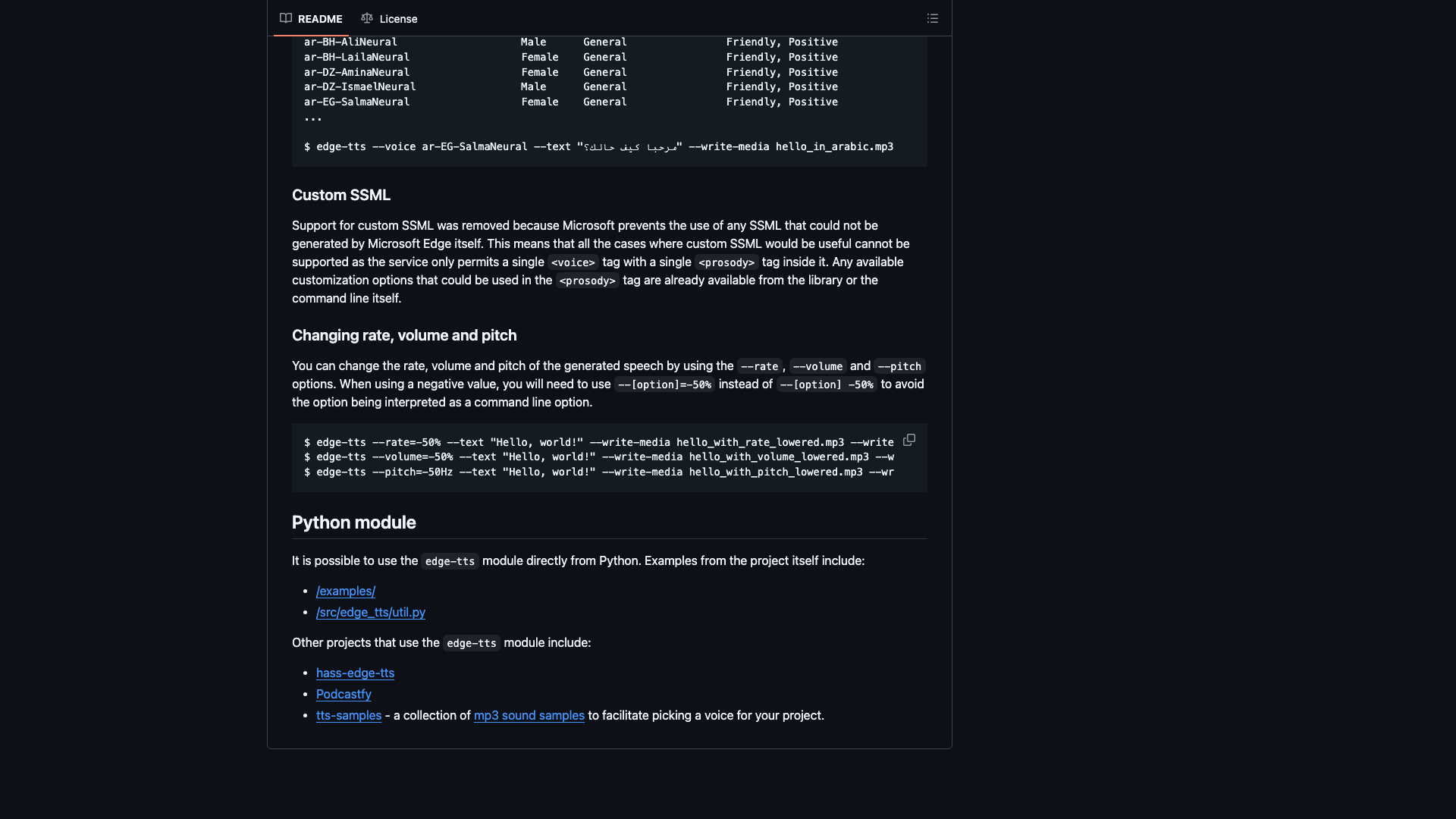 github.com/rany2/edge-tts · README 用法深区(音色列表与语速音量音调调节)2026-10-05
