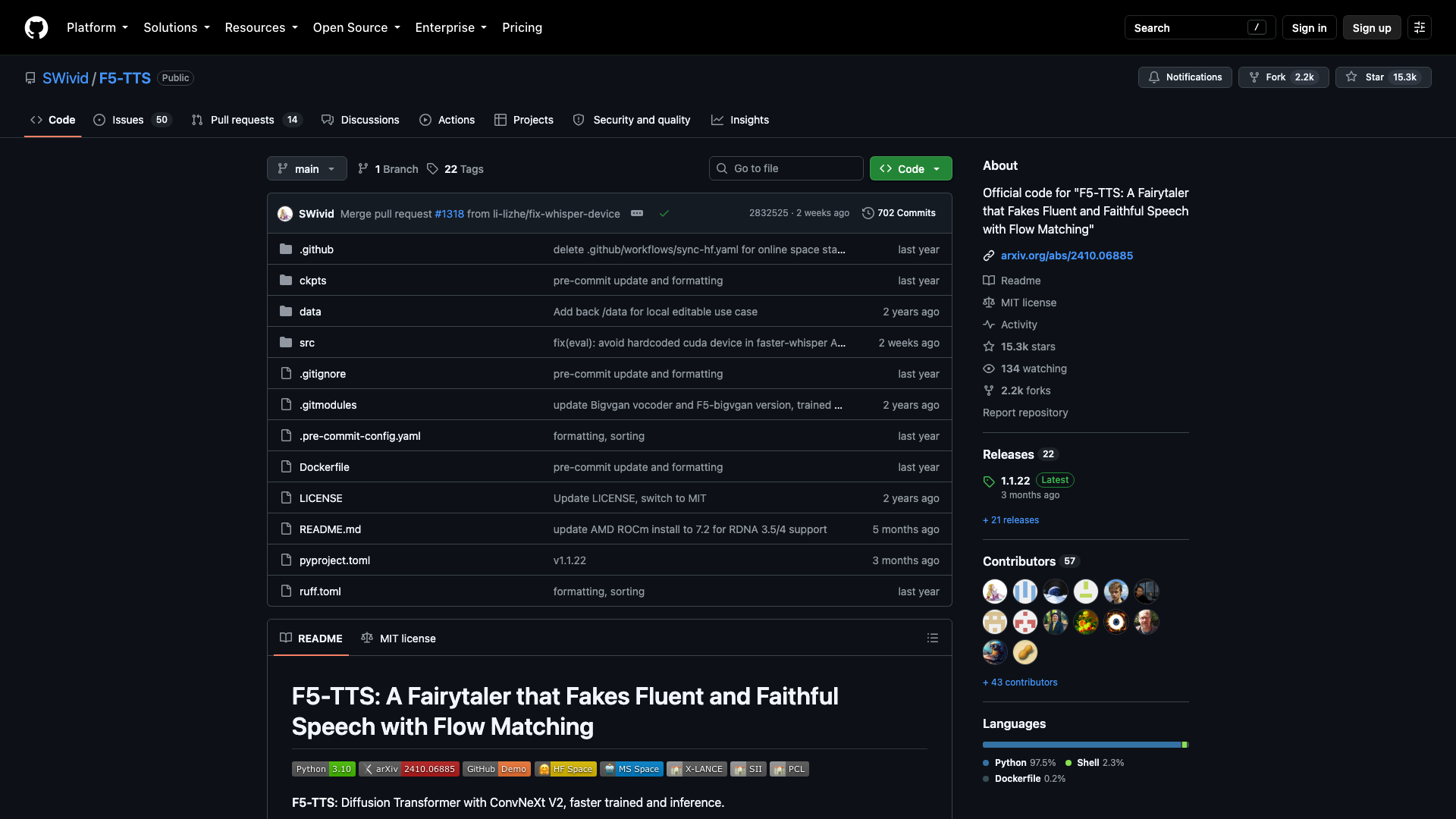 github.com · SWivid/F5-TTS 仓库首页快照 2026-10-03