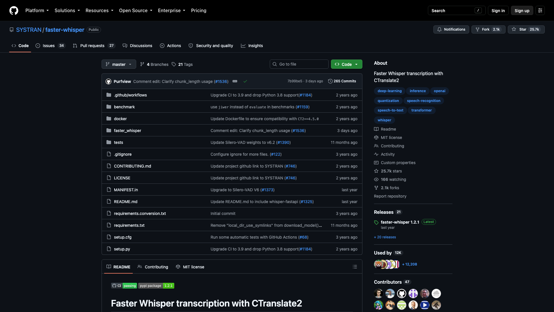 github.com · SYSTRAN/faster-whisper 仓库首页快照 2026-10-05