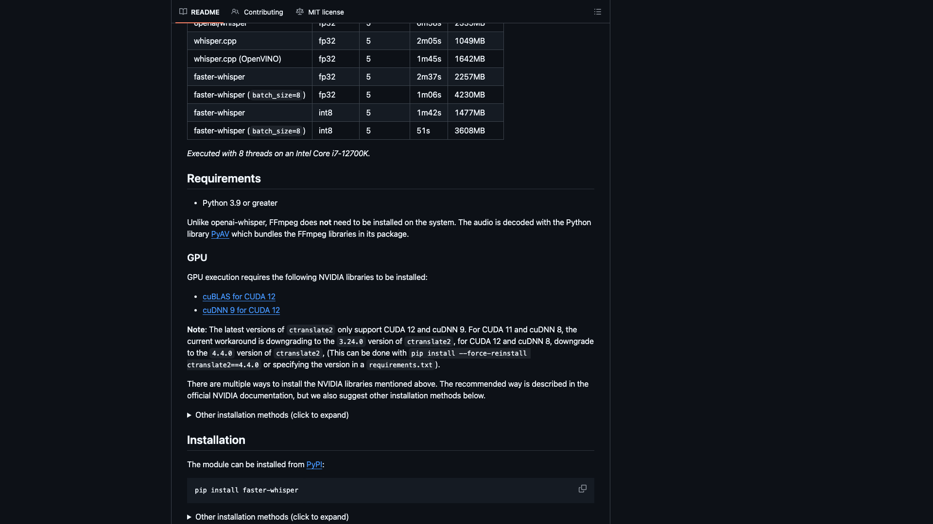 github.com · README Benchmark 表与 Requirements、Installation 2026-10-05