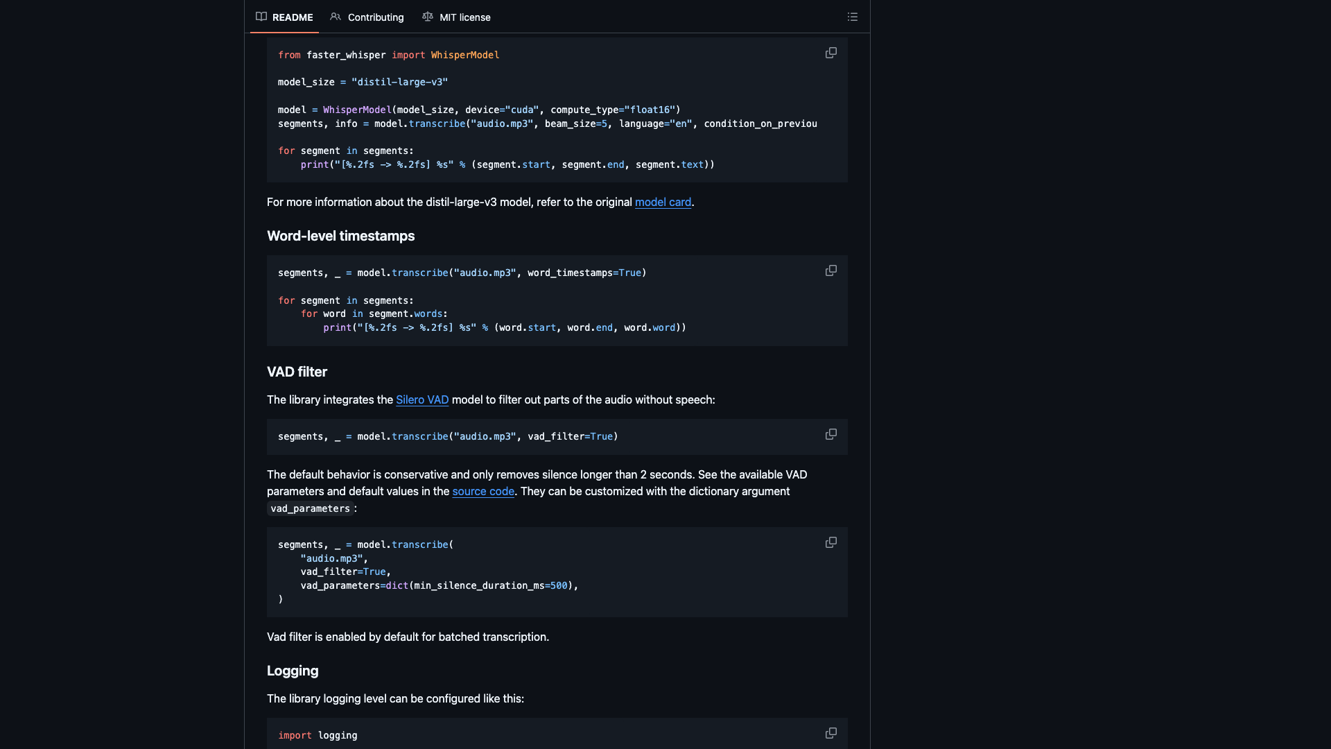 github.com · README 词级时间戳与 VAD 过滤特性 2026-10-05