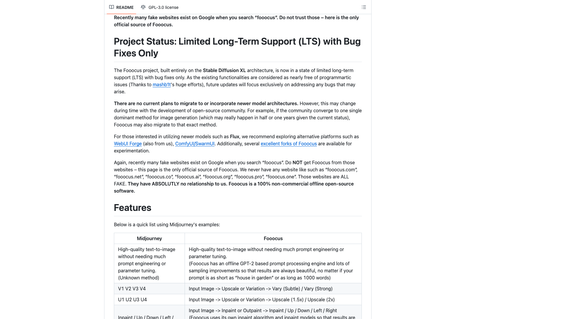 github.com/lllyasviel/Fooocus · README 官方 LTS 状态声明 2026-10-04