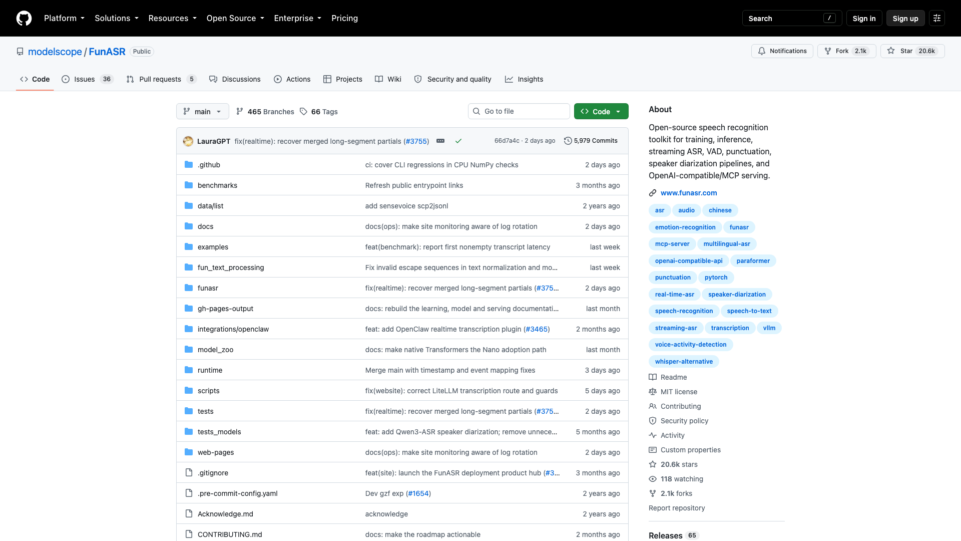 github.com · modelscope/FunASR 仓库首页快照 2026-10-04