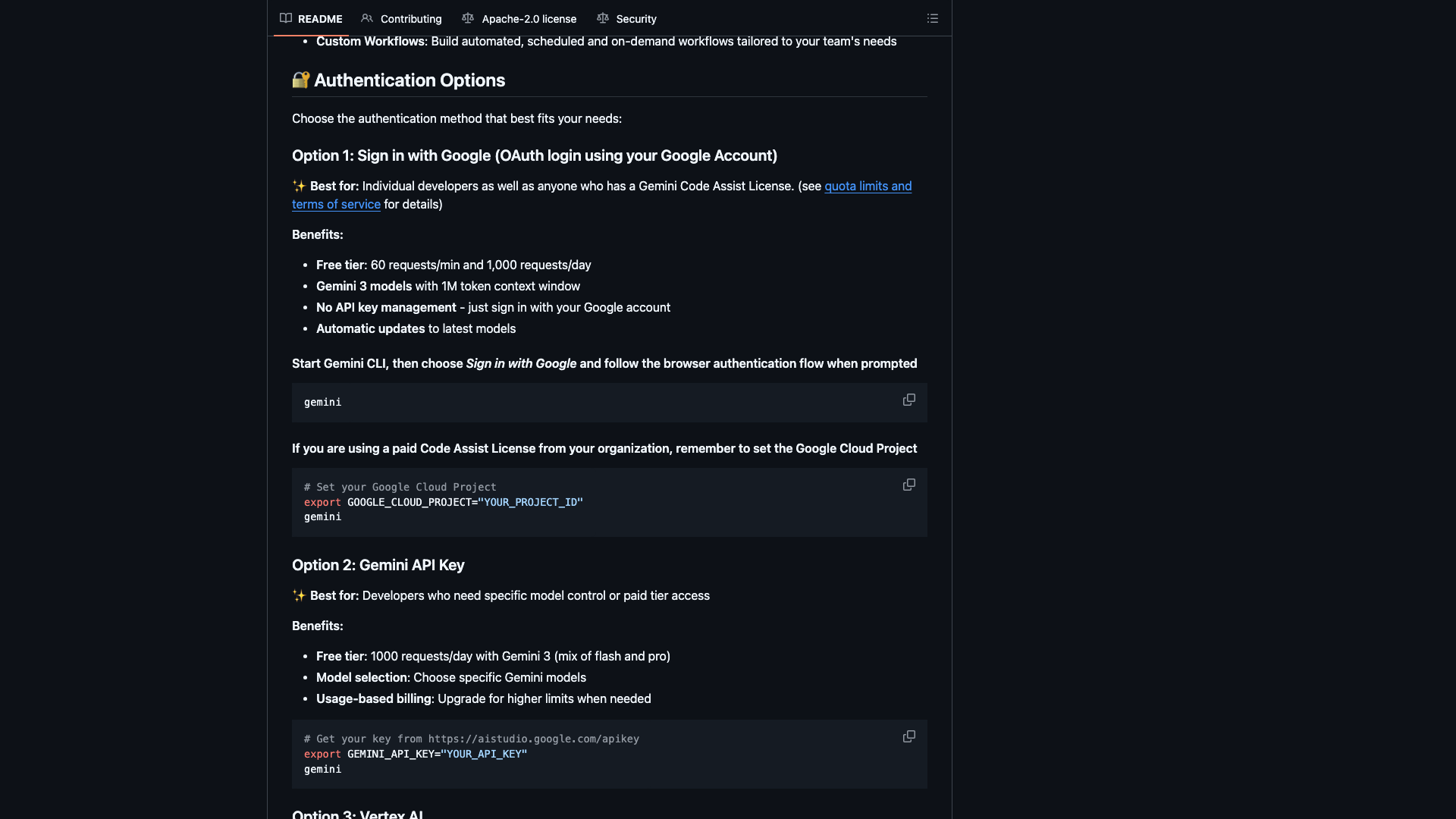 Gemini CLI README · 认证三方式 2026-10-04