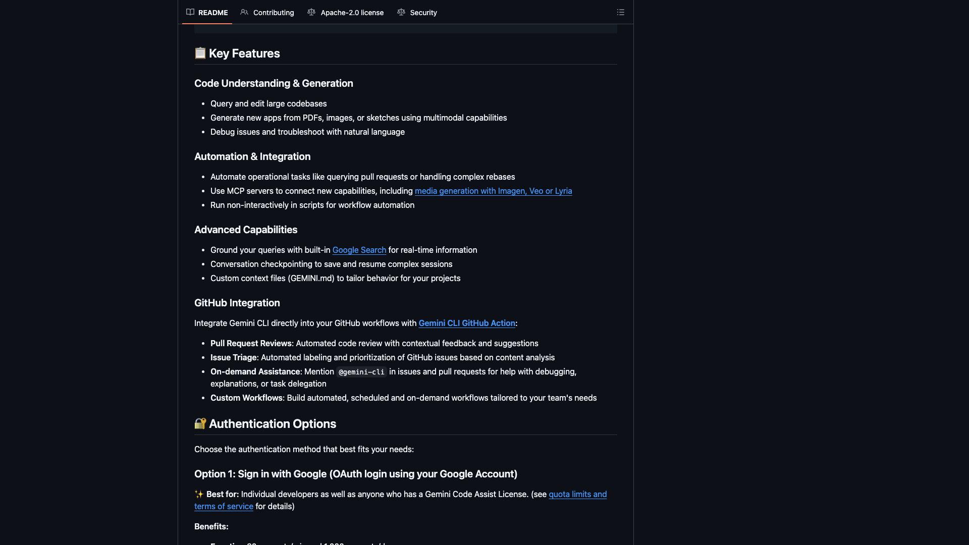 Gemini CLI README · Key Features 四组能力 2026-10-04