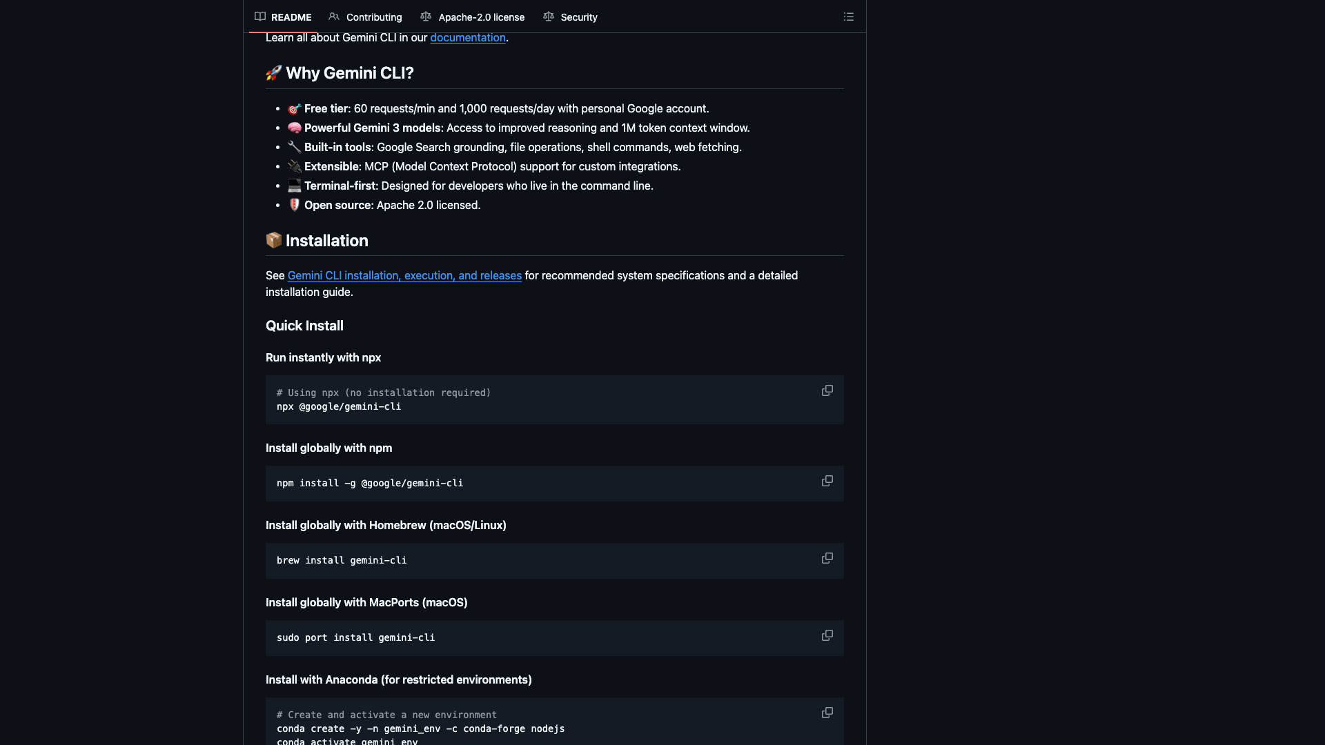 Gemini CLI README · Why 卖点与安装渠道 2026-10-04