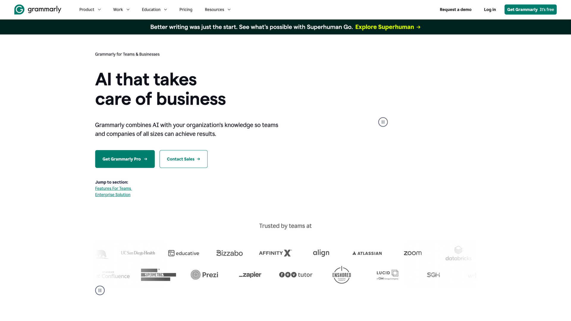 grammarly.com · 企业版页首屏 2026-10-05