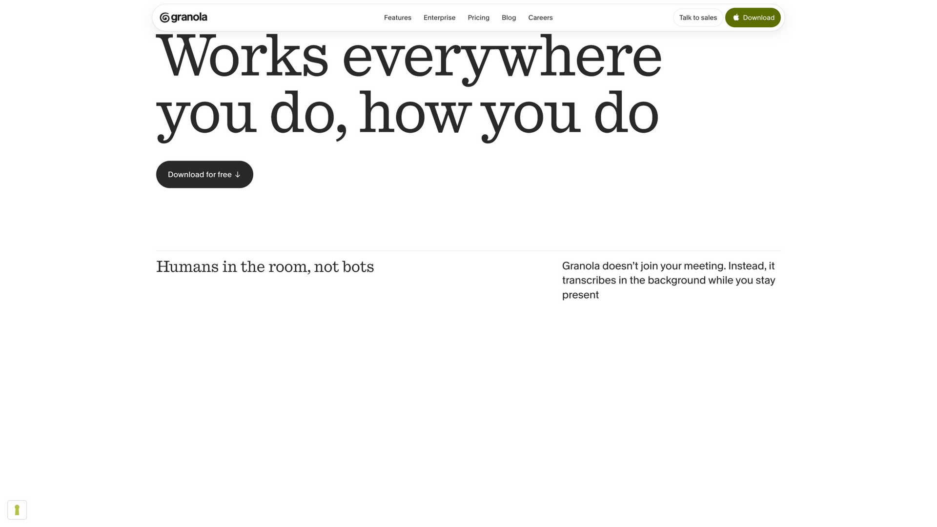 granola.ai · 首页无 bot 定位区(Humans in the room, not bots) 2026-10-05