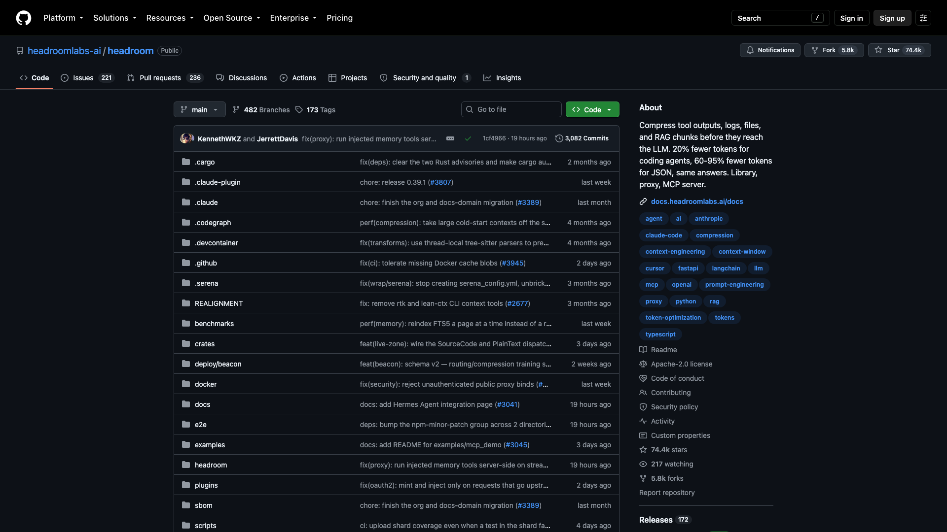github.com · headroomlabs-ai/headroom 仓库页 2026-10-05
