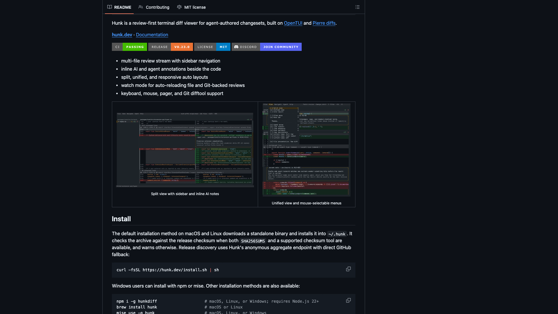 github.com/modem-dev/hunk · README 特性与安装 2026-10-05