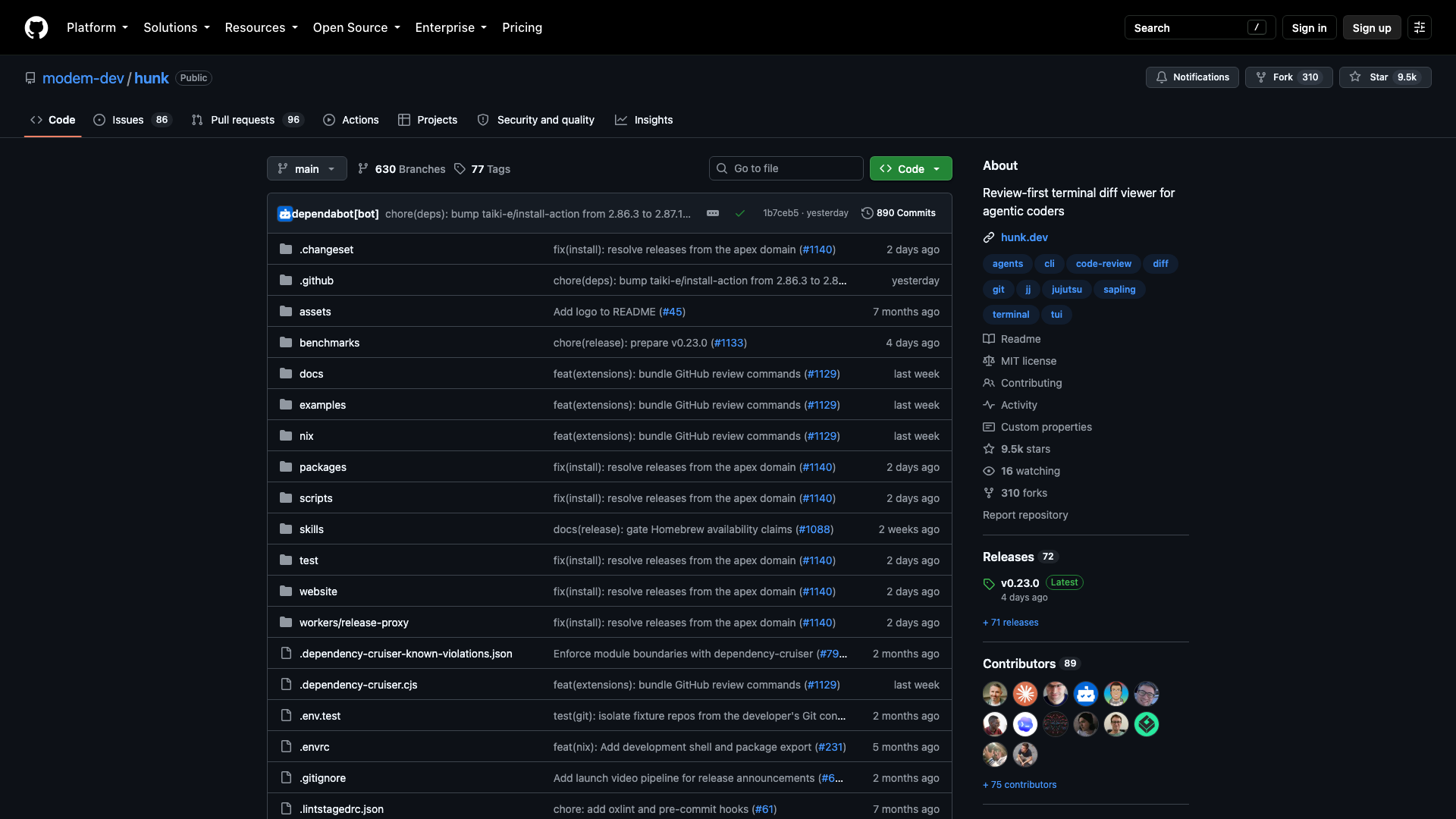 github.com/modem-dev/hunk · 仓库首页 9.5k stars 2026-10-05