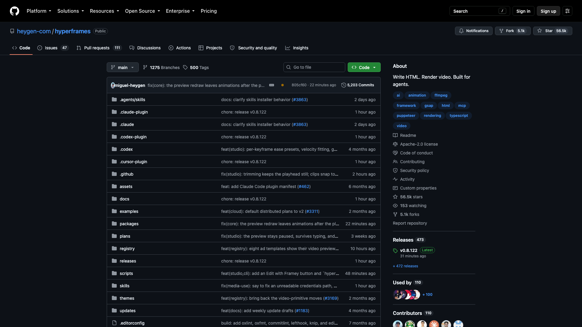 github.com/heygen-com/hyperframes · 仓库首页快照 2026-10-04