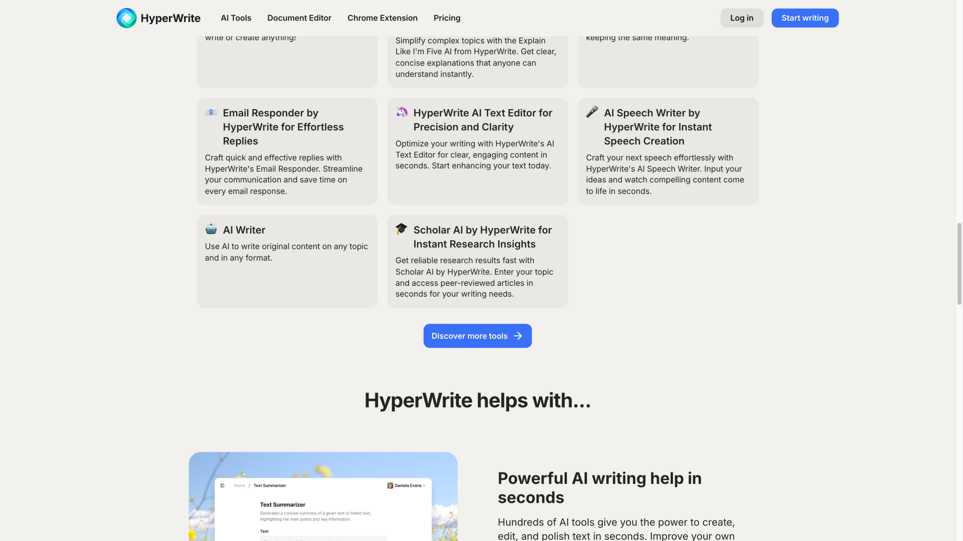 hyperwriteai.com · 工具矩阵区(Email Responder、AI Writer、Scholar AI 等工具卡)2026-10-05