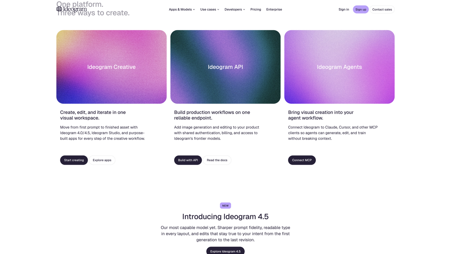 ideogram.ai · 首页 One platform. Three ways to create. 三形态区 2026-10-02
