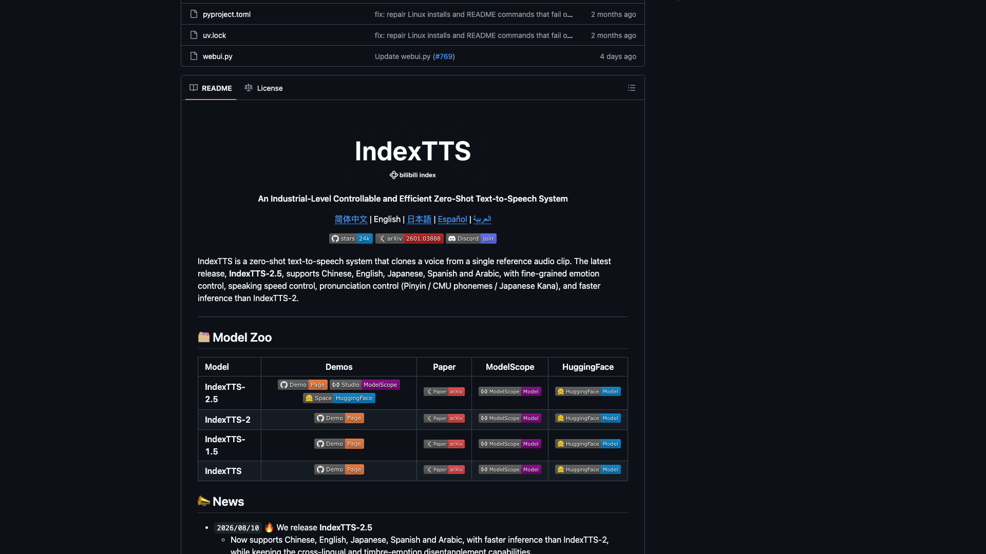 github.com · README 横幅与 Model Zoo 区(bilibili index 标识、四代模型表)2026-10-03